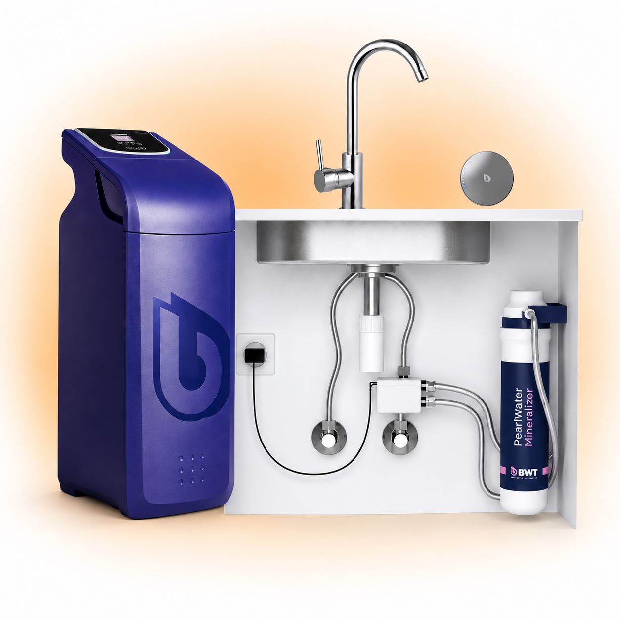 Sistema BWT OnePipe Pearlwater con addolcitore, rubinetto e cartuccia mineralizzante sottolavello