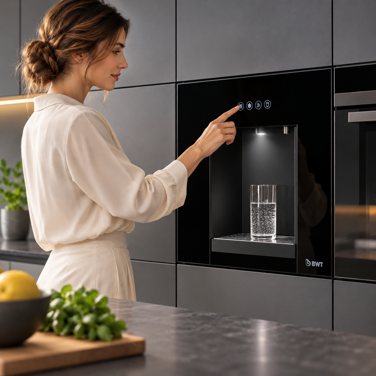 Donna che sfiora i comandi touch del dispenser da incasso BWT AQA drink Living